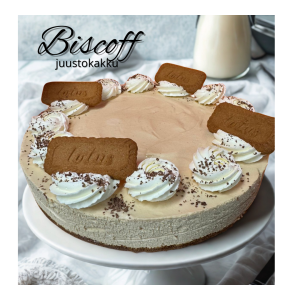 Biscoff-cheesecake (VL, a=soy) 12-15 person round cake 55€. Product must be ordered 2 days before pickup.