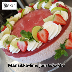 Midsummer! Pre-order! Strawberry-lime cheesecake (L,A=egg) round cake for 12-15 people. Pre-orders by 10.6. at 13:00. Pick up from Osku Linnavuori restaurant by 17.6.-18.6. at 13:30.